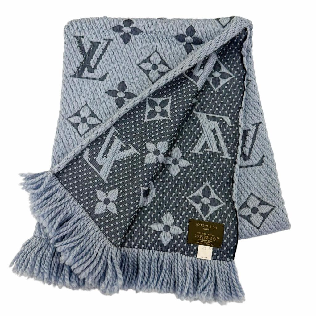 Great LOUIS VUITTON Scarf Escalp Logo Mania With fringe blue wool Women M75702 Used