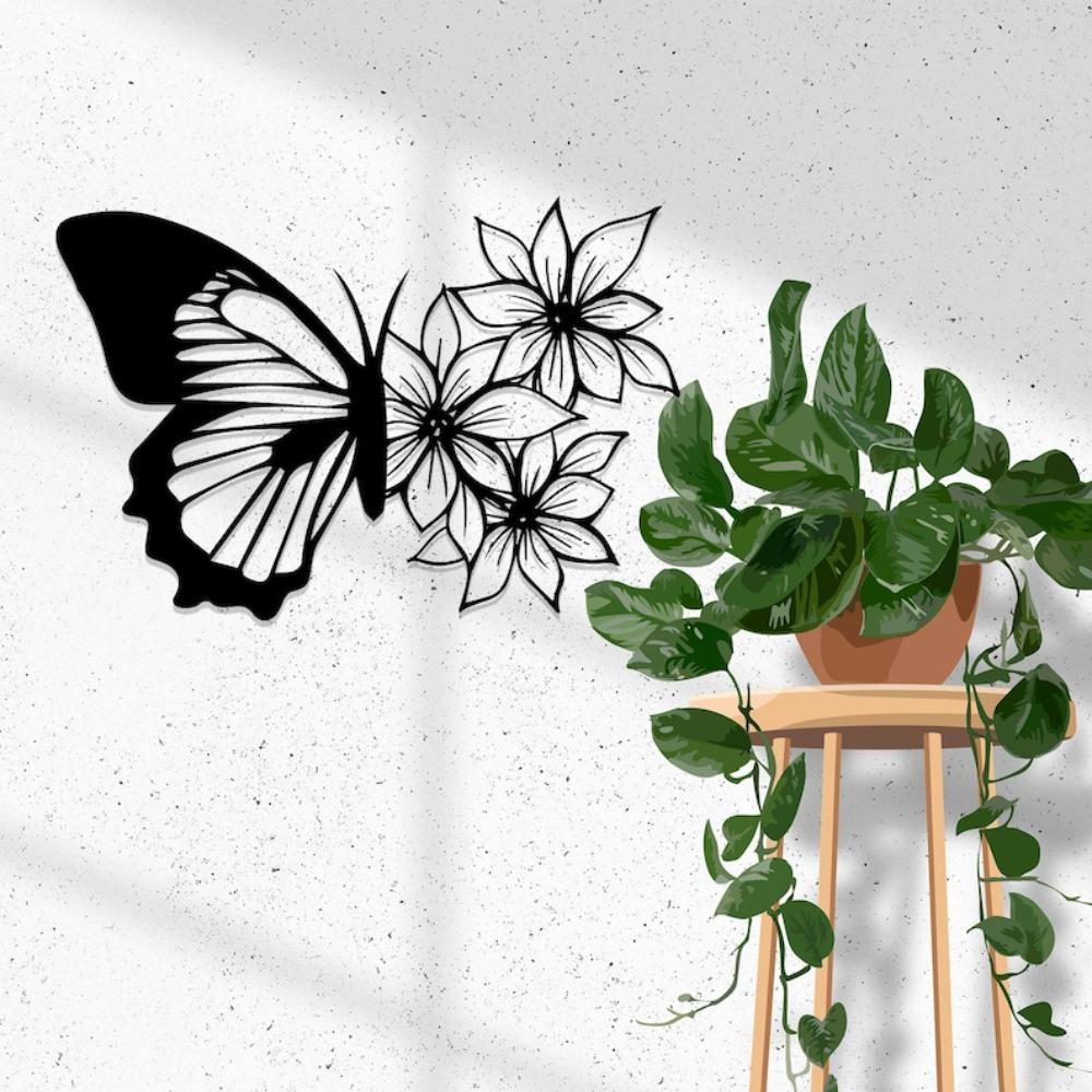 Black Metal Butterfly Flower Wall Art, Textured Steel Decor
