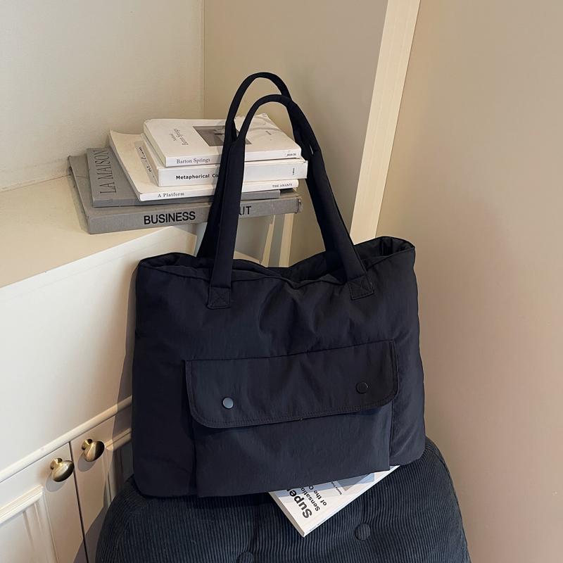 Minimalist Solid Color Tote Bag for Women – Large Capacity Shoulder Bag with Front Pocket – Perfect for Daily Use, Shopping, and School