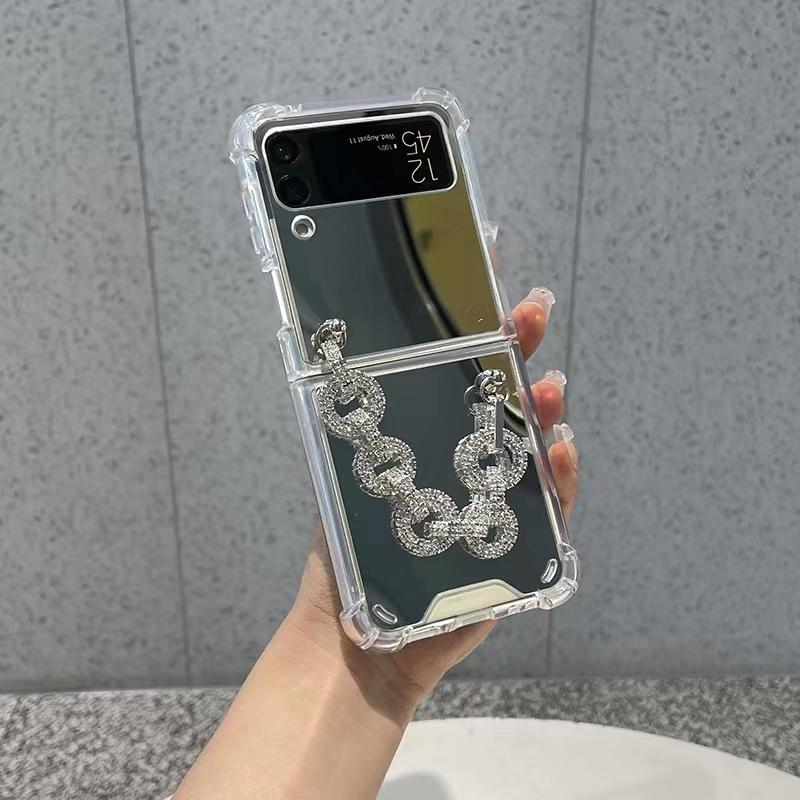 Pulsera de Cadena Geometría con Pedrería Brillante Coreana Espejo Funda Para Samsung Galaxy Z Flip 3 5g Z Flip3 Zflip3 Zflip4 Cubierta