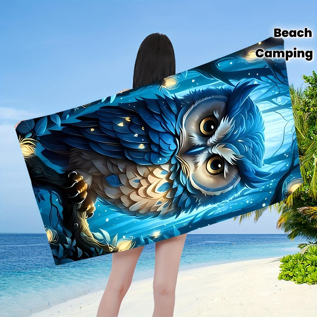 Blauer Eulen Strandtuch - Fantasy Wald Design, Weiche Mikrofaser Schnelltrocknend Sandfrei für Reise Pool Camping