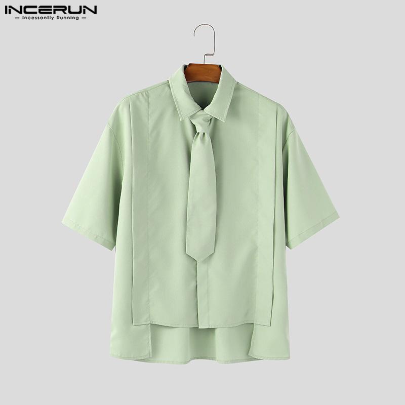 INCERUN Summer Men Lapel Tie Up Short Sleeve Buttons High Low Casual Shirts