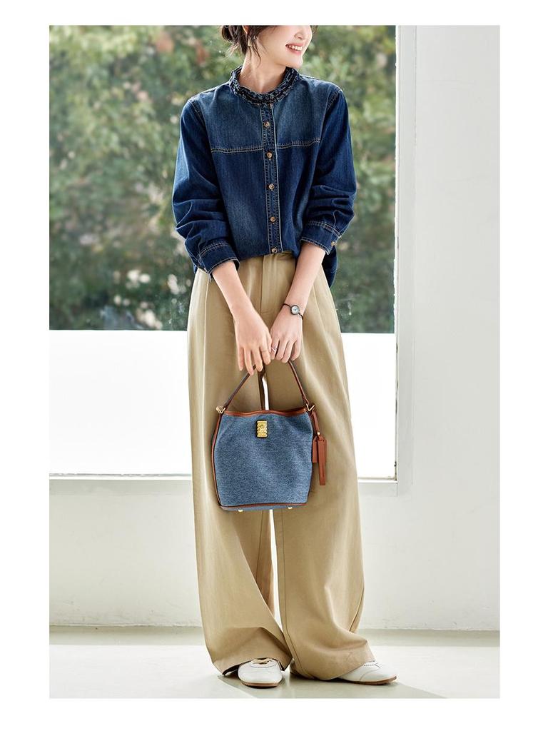 Women's Long Sleeve Retro Blue Denim Shirt Jacket with Ruffled Collar - 2026 Spring Arrival