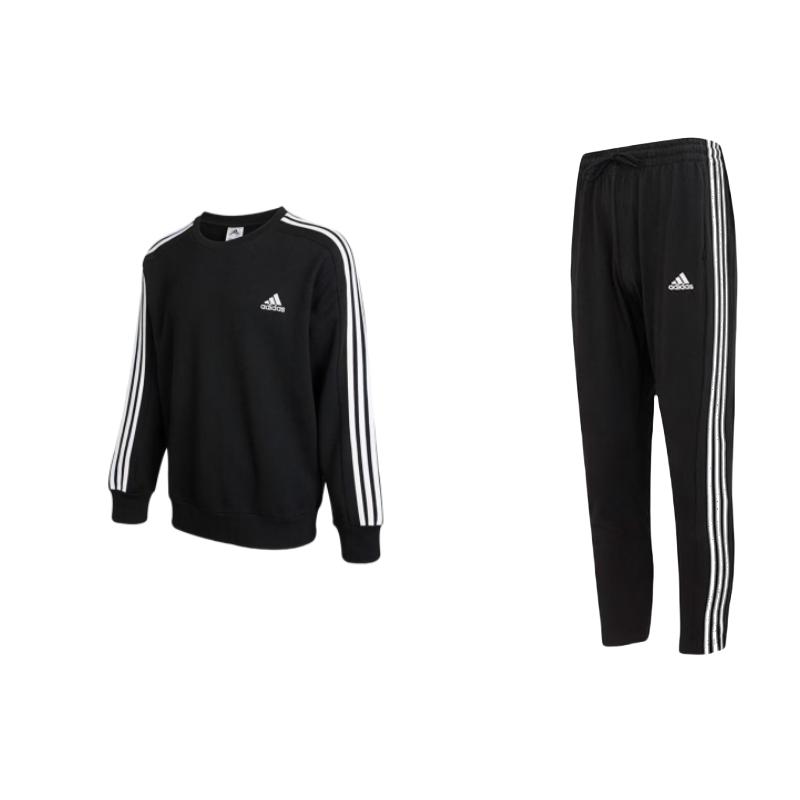 

Adidas Logo Embroidered Striped Crew Neck Long Sleeve Sweatshirt Tapered Knit Pants Casual Sports Set Men Sweatshirt, Pants IC0044+IC9317 L