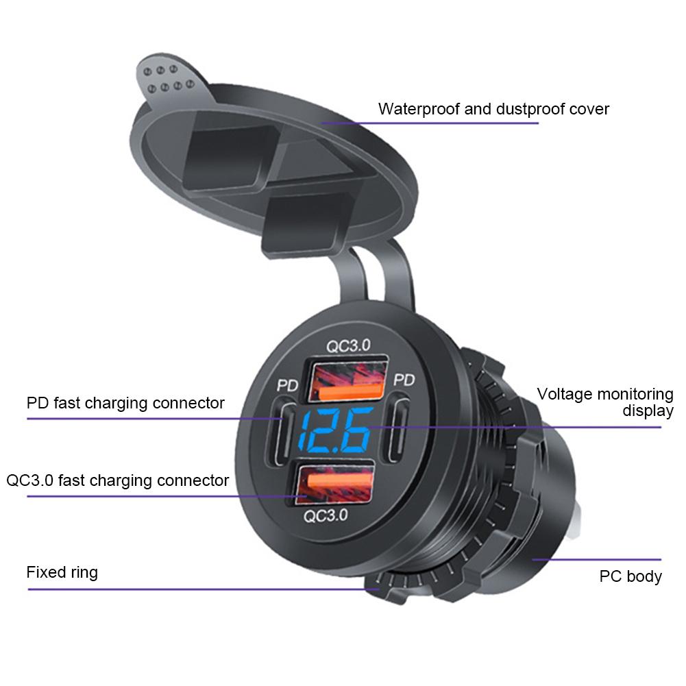 Dual PD Dual QC 3.0 USB Car Charger with Voltmeter Power Outlet Adapter 4 Ports Fast Charging Outlet 78W for Phone Tablet