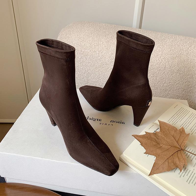 Black fashion simple elastic thin boots 2025 autumn and winter new square head thin heel sleeve one pedal small short boots women