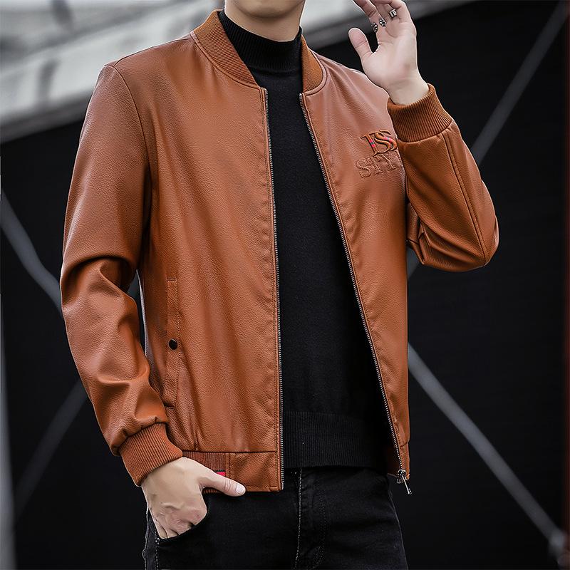 Herbst und Winter Neue Herren Slim Fit Lederjacke Baseball Kragen Dünne Fleece Jugend Motorrad Herren PU Jacke