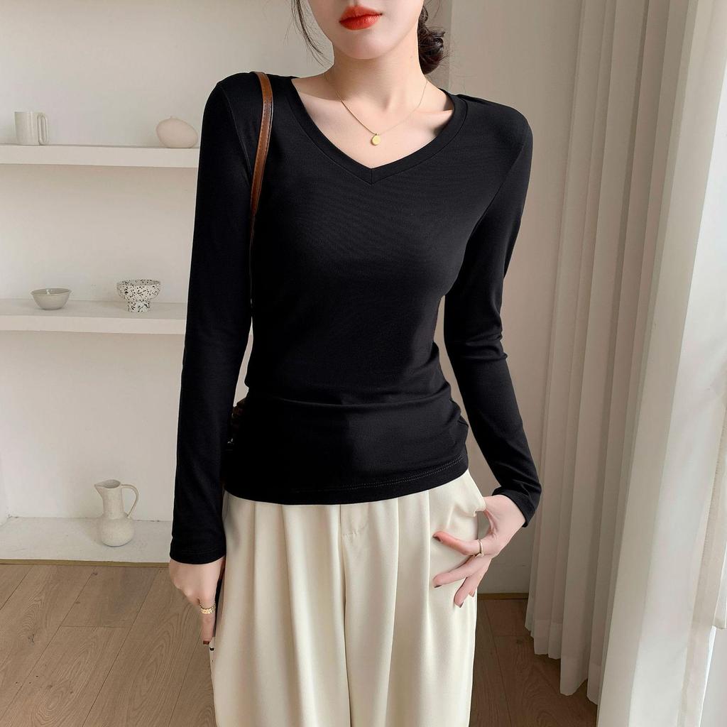 Women's Slim Fit V-Neck Ribbed Long-Sleeve Top for Autumn/Winter
