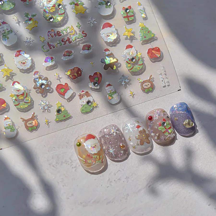 Christmas Nail Stickers Luxury Crystal Diamond Cartoon Bear Tree Apple Back Glue Nail Art Stickers DIY New 3D Nails Decorations