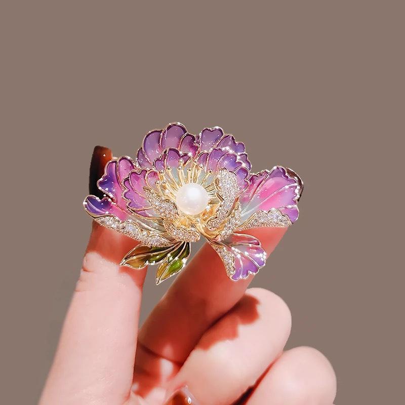 Korean Style Pearl Enamel Peony Brooch - Women's High-End DIY Corsage Pin