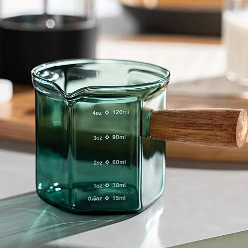120ml Hitzebeständiges Glas Espresso Messbecher mit Skala Einzelmund Milchkännchen mit Holzgriff Latte Kaffee Mischbecher