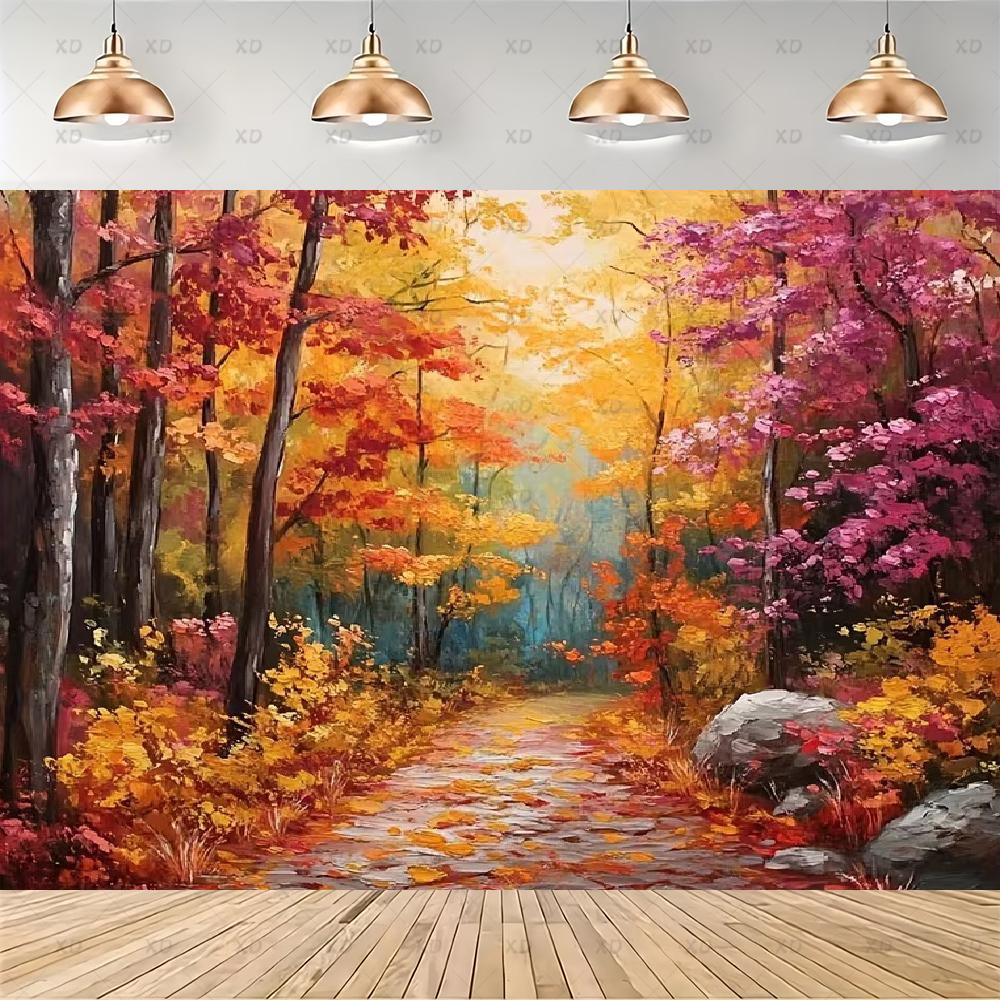 Rustic photographic backdrop: Maple forest, orange autumn leaves, pumpkin banner, for baby shower decorations4934