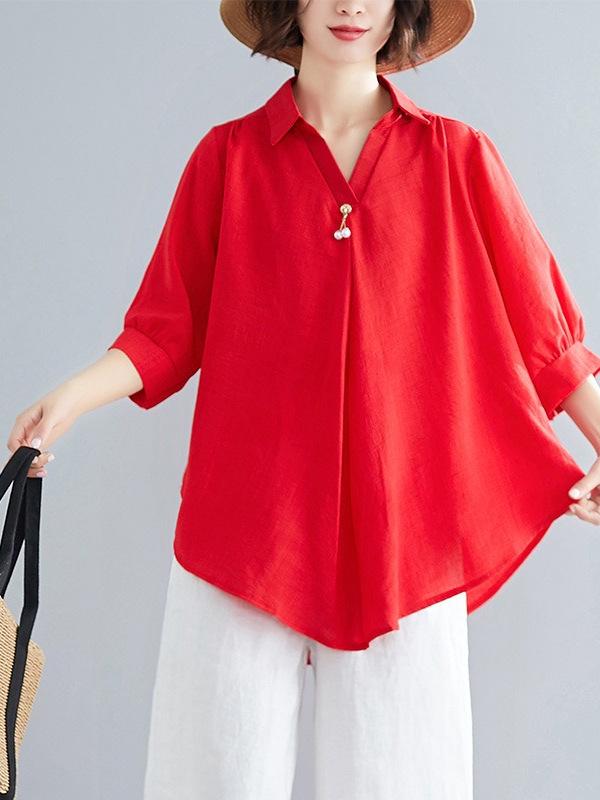 2026 Stylish Cotton Linen V-Neck Casual Plus Size Shirt with Belly Coverage and Wide Hem