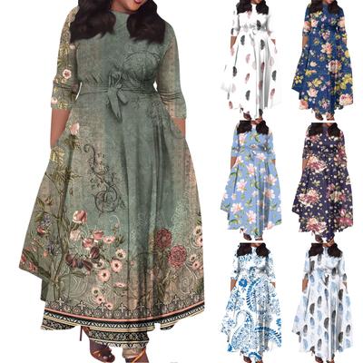 Damen Casual Fashion Große Größe Blumendruck Rundhals Dreiviertelärmel Taschenträger Swing Kleid