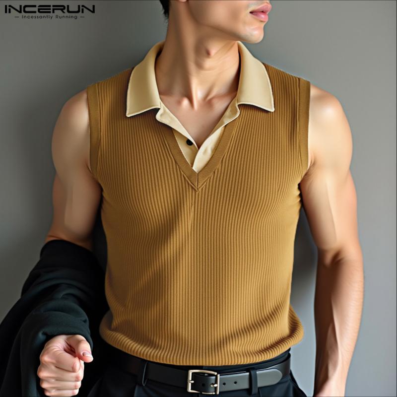 INCERUN Canotte a Costine Casual Larghe da Uomo con Risvolto Scollo a V Senza Maniche Cuciture