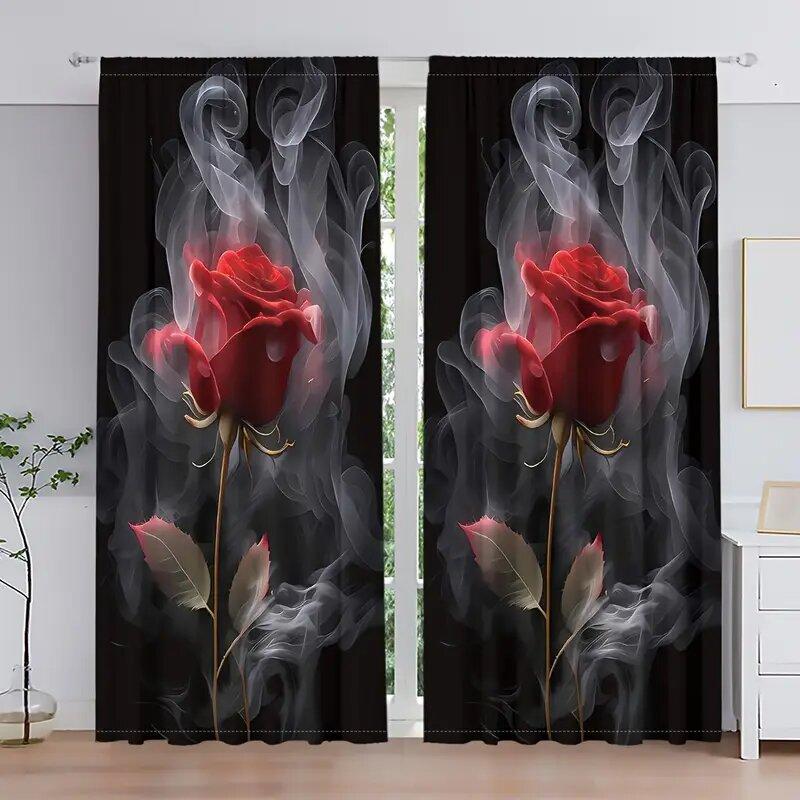 

Set Of 2 Red Rose Flower Pattern Printed Curtains Window Decorations Home Room Curtain Made Polyester W100*H70(CM)-Hooks&2PCS