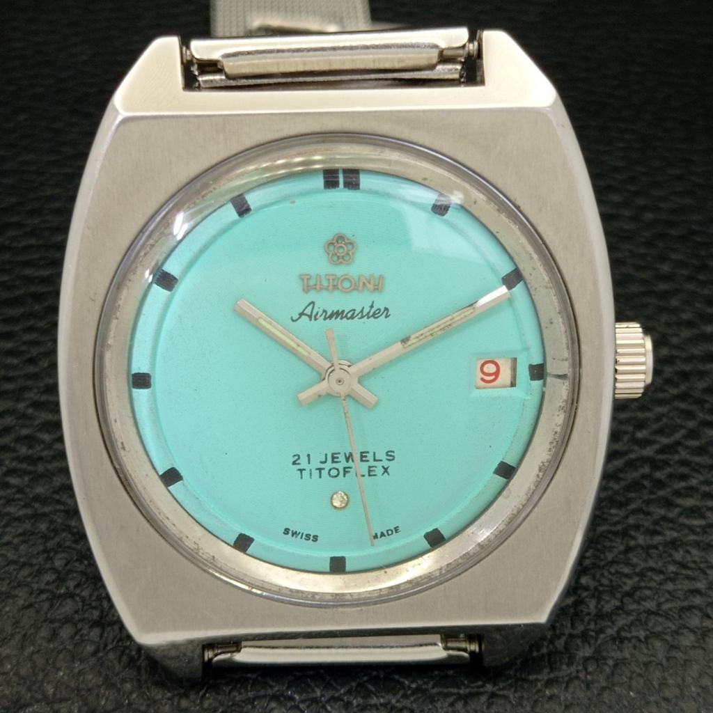 USED TITONI AIRMASTER TITOFLEX SWISS MENS TURQUOISE BLUE DIAL WATCH a432179-2 R110-a432179