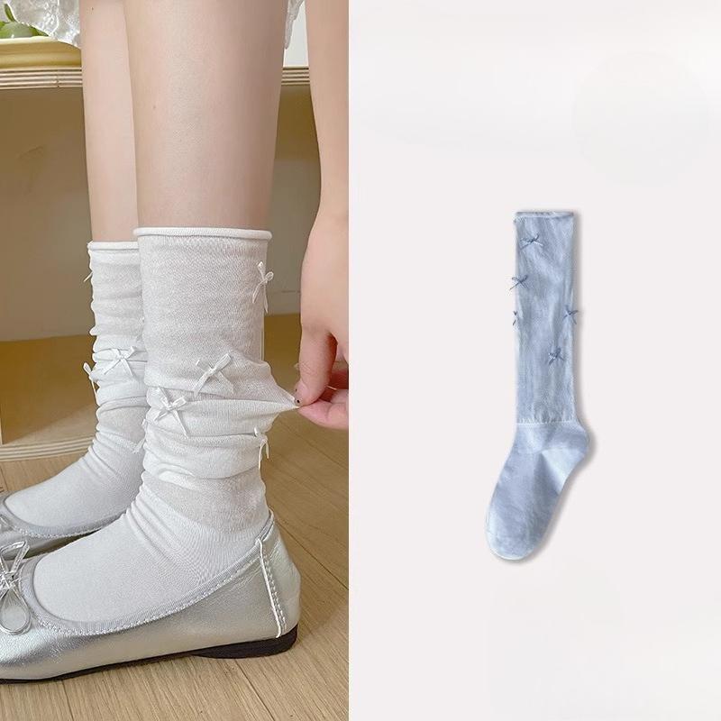 

Женские весенне-осенние милые носки с бантом, сетчатой вязкой, открывающие кожу, для худых ног 1 pair небесно-голубой