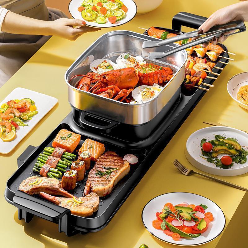 220V Household Multi-function Barbecue Machine Smokeless Instant Boiled Double-flavor Hot Pot One Machine Pan Fried Roast