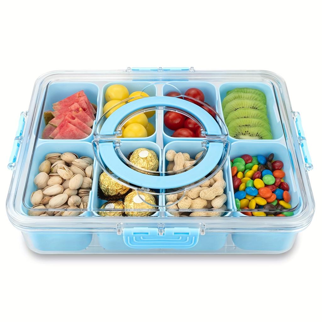 8 Grids Snack Container with Leak-Proof Lid & Handle - Portable Square Party Tray for Travel, Office, School, BBQs - Outdoor-Safe Snack Tray
