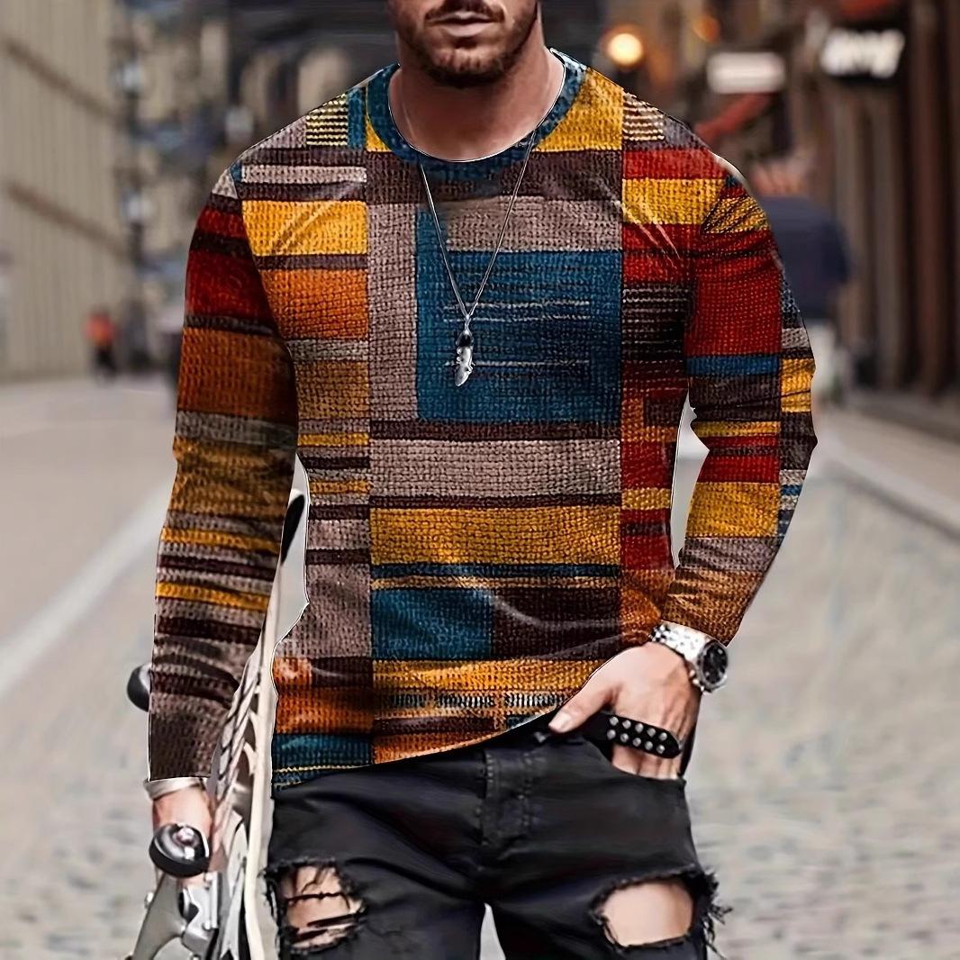 

Весенне-осенний топ с круглым вырезом, 3D цветной блок, с принтом, модная повседневная мужская футболка с длинным рукавом 3XL