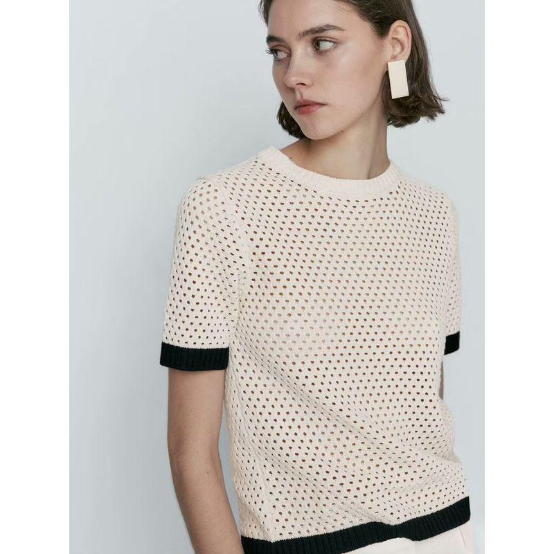 MD Spring New round Neck Work Clothing Plaid Pure Cotton Patchwork Hollow-out Short Knitwear T-shirt 5739683