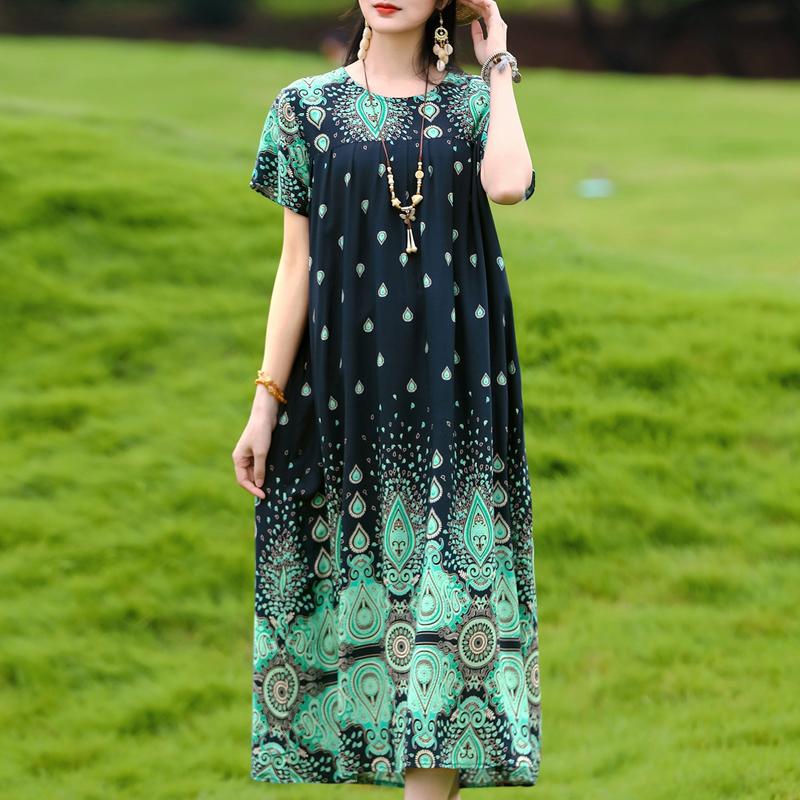 Damen Plus Size Boho-Print Maxikleid, Kurzarm Freizeit-Sonnenkleid (XL-5XL)