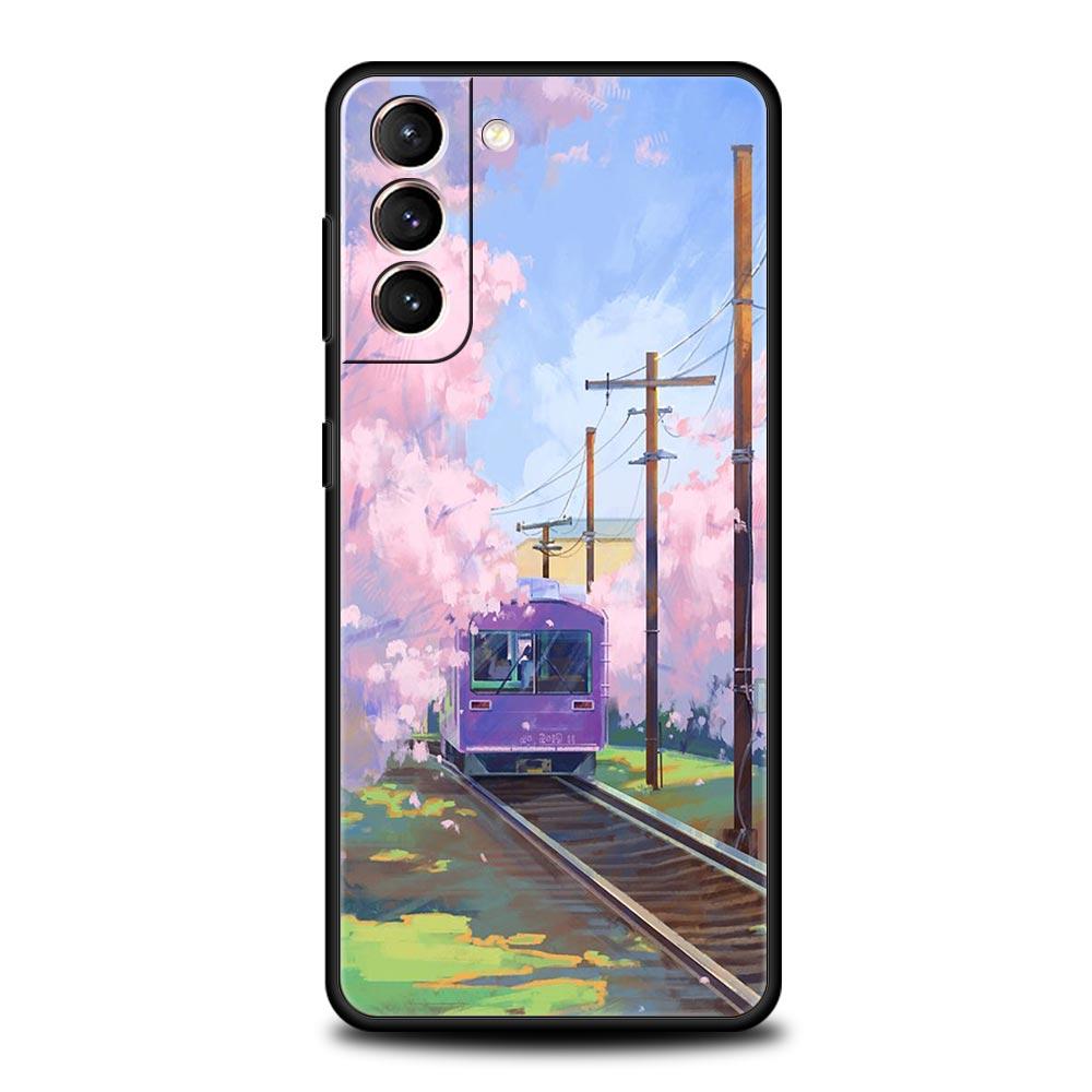 Cherry Japanese Traint Moun Fuji Phone Case For Samsung Galaxy S23 Ultra S22 S21 S20 FE 5G S10 S10E S9 S8 Plus Note 20 Cover