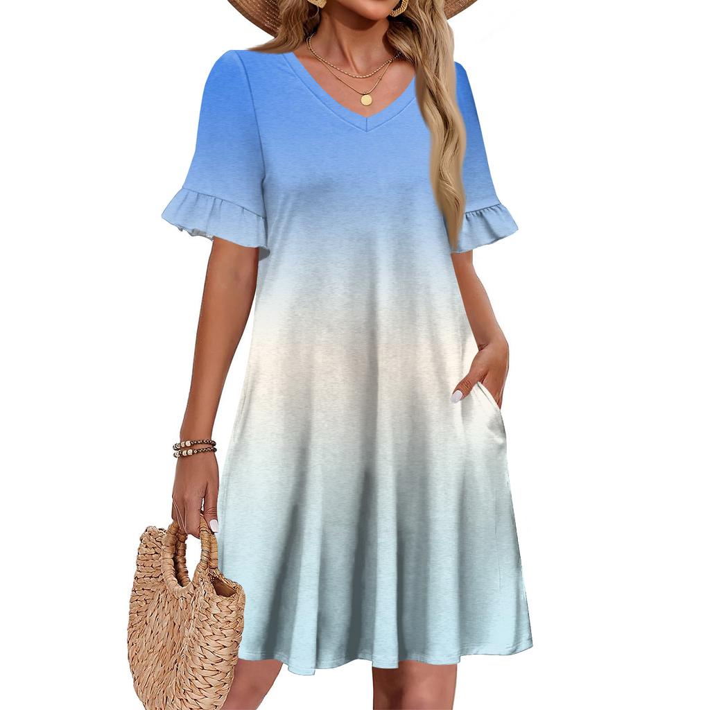 Damen A-Linie Sommerkleid Kurzarm V-Ausschnitt Bedrucktes Kleid Mit Taschen