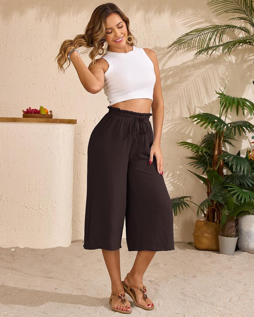 Women's Solid Color Wide-Leg Cropped Pants with Elastic Waistband and Pockets