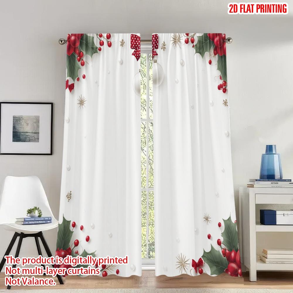 

Set Of 2 Flat Printing Christmas Party Curtains Holly Bow Ornaments Digital Printed Polyester Drapes Festive Holiday Made W100*H70(CM)-Rod Pocket&1PCS