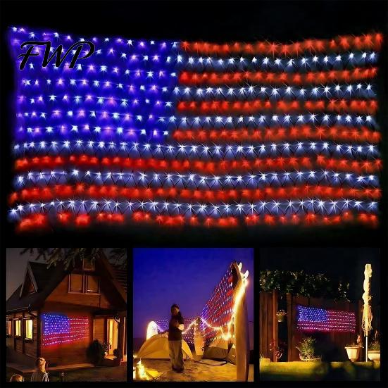 Ultra-bright LED Flag Net Light American with 420 Ultra Bright LEDs Waterproof String Indoor Outdoor Lights for Yard Garden Memorial Day Independence