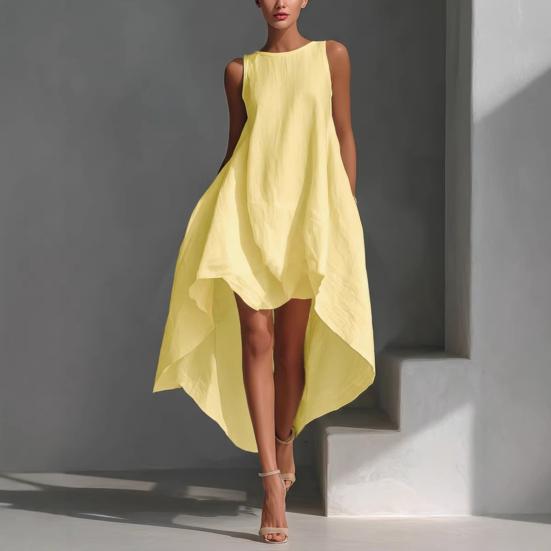 Women's Cotton Linen Sleeveless Midi Dress Crew Neck Asymmetric Hem Tank Dress Summer Casual Beach Sundress