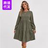 Army Green Round Neck Dress, Cute Ruffle Edge Long Sleeve A Word Loose Medium and Long Women's Skirt
