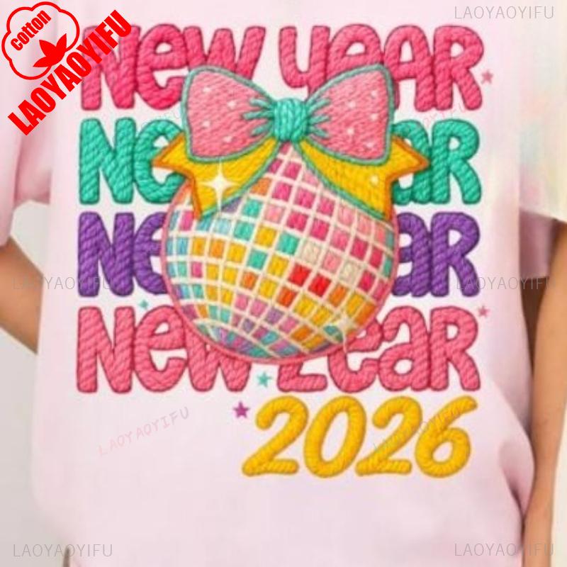 DTF New Style Faux Yarn Happy Hello 2026 Trendy New Years Eve PNG Pink Teal Disco Glitter Coquette Bow Ladies Graphic Tshirts S