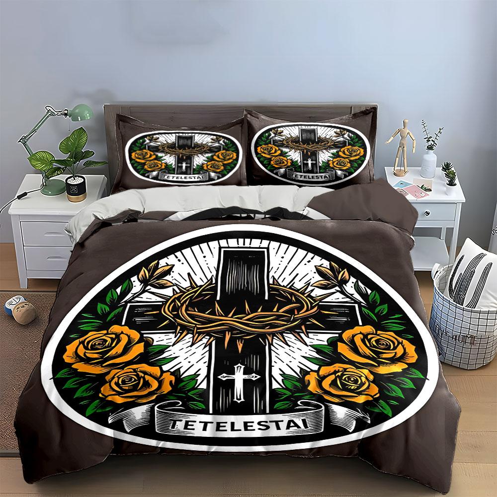 Faith-Inspired Rose Cross Set Exquisite Three-Piece Bedding Set Gift For Kids And Adults