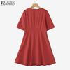 ZANZEA Women Casual Round Neck Summer Short Sleeve Pleated Dress