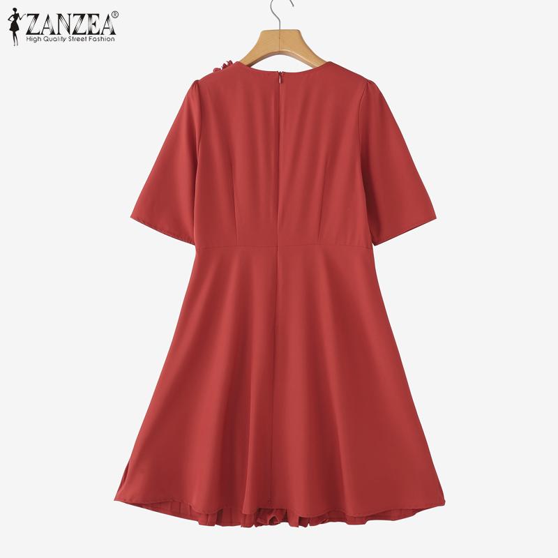 ZANZEA Women Casual Round Neck Summer Short Sleeve Pleated Dress