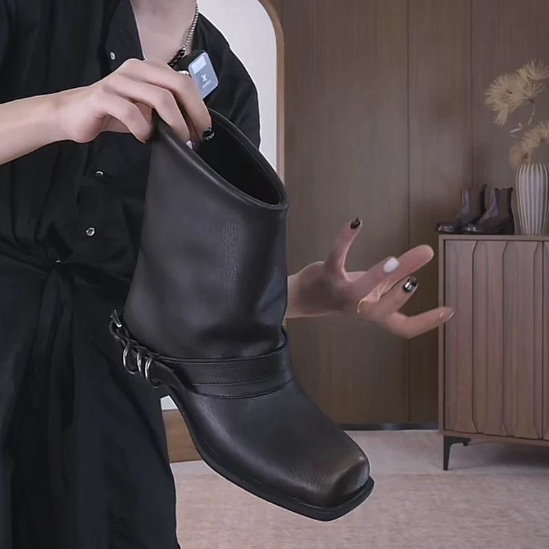 Punk street rétro poli bottes Martin pour femmes 2025 tête carrée vieilles bottes tube entrepôt en métal petites bottines bottes western