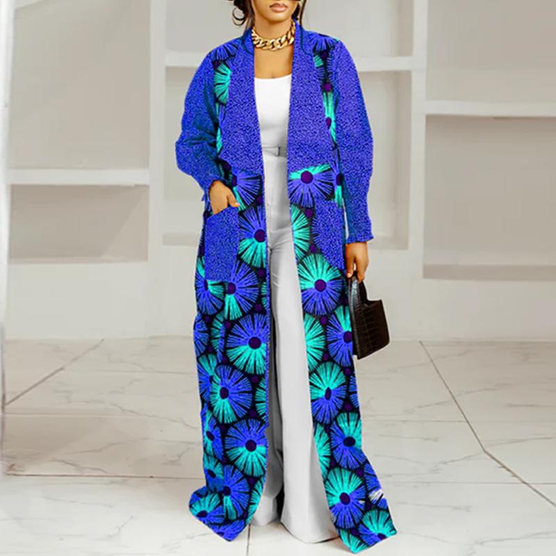 

Женские пальто больших размеров с цветочным принтом и лацканами с длинным рукавом 3XL синий