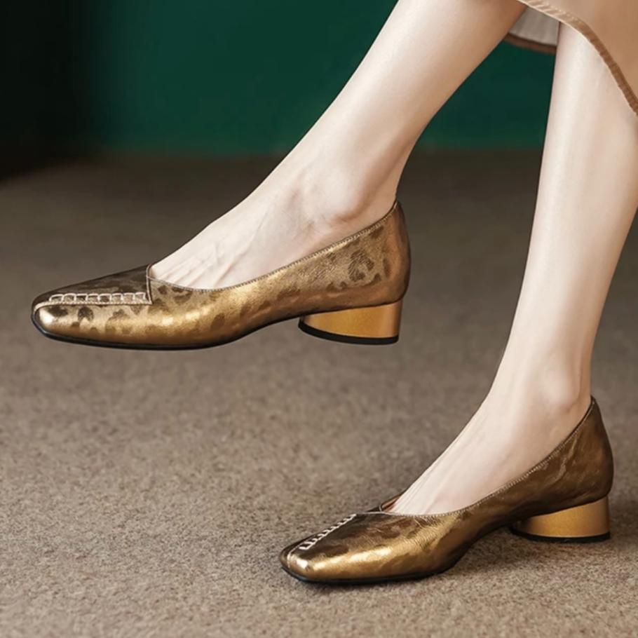 

Модные леопардовые туфли на высоком каблуке с квадратным носком женские сандалии 2025 лето новые неглубокие туфли-лоферы на толстом каблуке женские трендовые элегантные туфли для платья 40 золотой