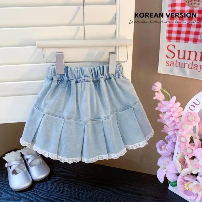 Girls Summer Denim Skirt Cute Korean Style Bow Lace Trim Flared Ruffle Skirt Fashion Toddler Baby Outfit