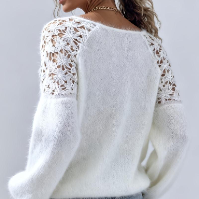 Damen Pullover mit Hohlmuster-Spitze, schulterfrei, Spitzenärmel-Patchwork, flauschig und elegant