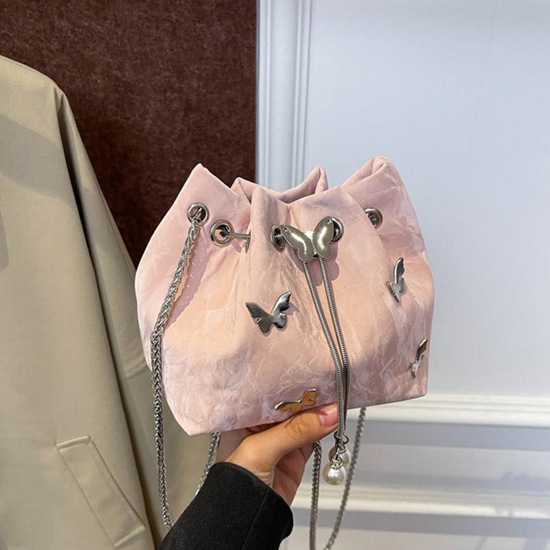 Elegant Women's Drawstring Bucket Butterfly Chain Shoulder Bag Fashion PU Top-Handle Solid Color Crossbody Bag KTY