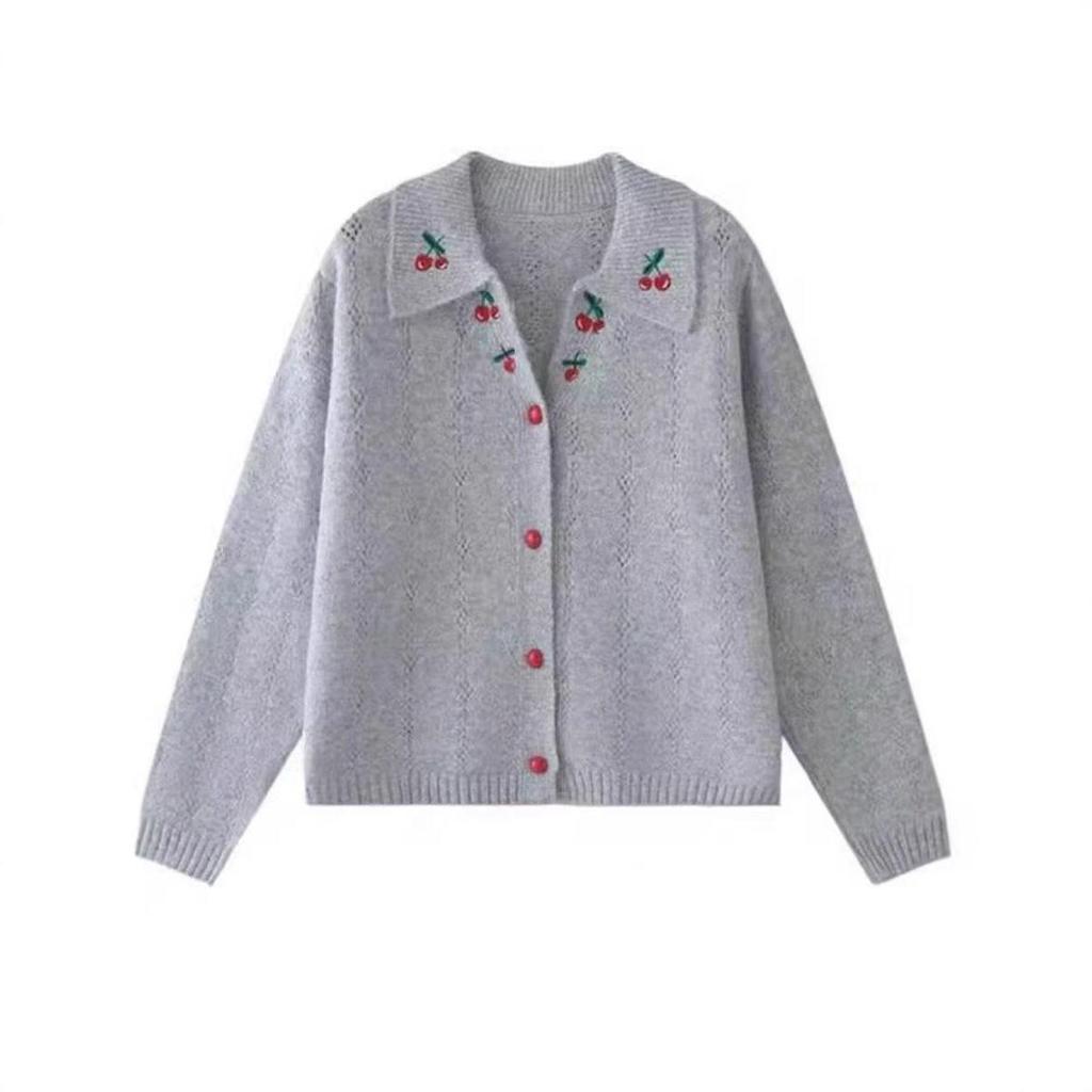Women's Loose Fit Embroidered Cherry Cardigan