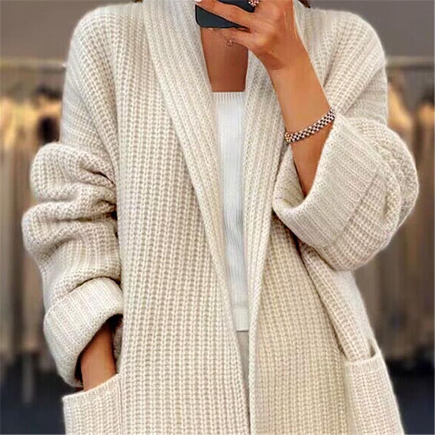 Cardigan de Tricô Grosso com Decote V e Bolsos Feminino - Coleção Outono/Inverno 2024