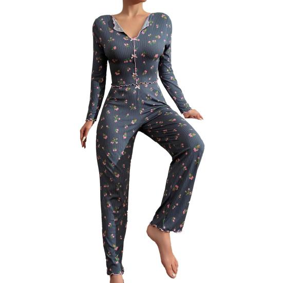 Pajama Set for Women Cherry Print Long Sleeve Crop Top And Long Pants Loungewear Casual 2 Piece Pjs Sleepwear Set