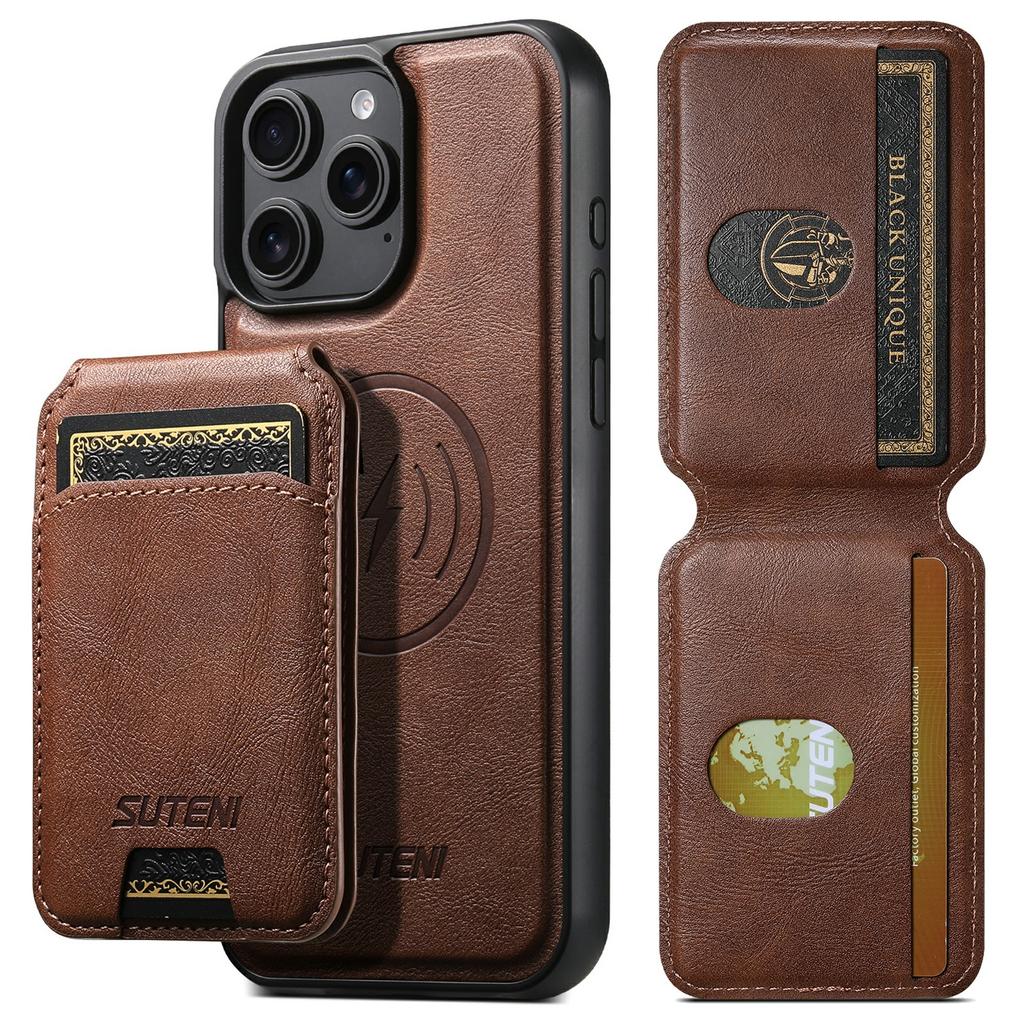 SUTENI M5 For iPhone 15 Pro Max Magnetic Case with Card Bag Cowhide Texture Leather Phone Back Cover