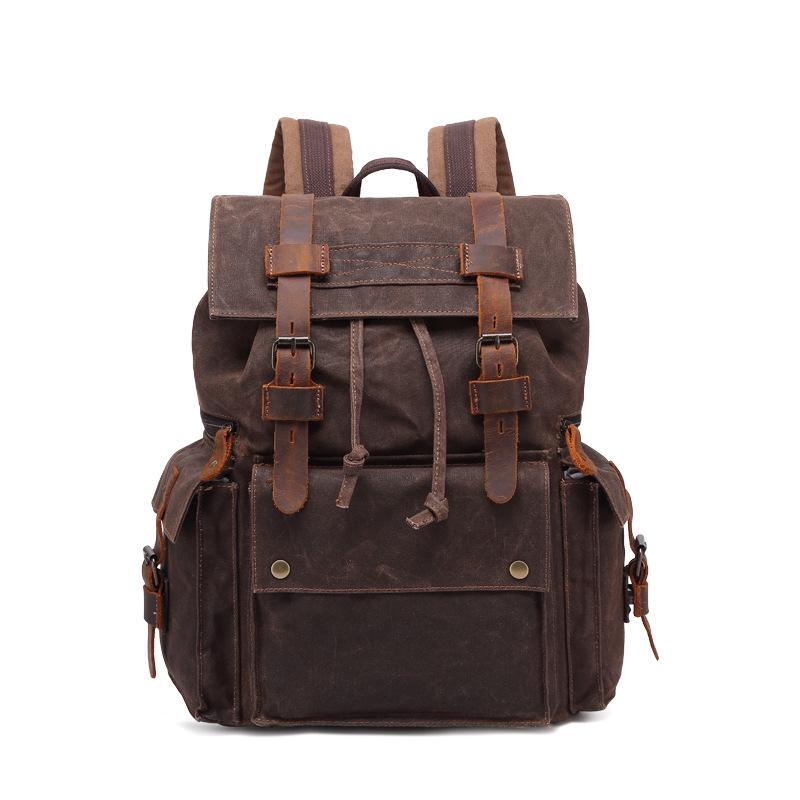 Zaino in Tela Cerata da Uomo - Zaino Impermeabile da Viaggio all'Aperto con Pelle Crazy Horse, Borsa Resistente Vintage a Doppia Tracolla 5358#