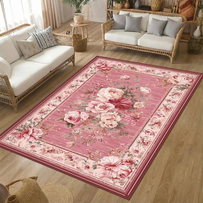 Pink Retro Rose Floral Rug Vintage Country Washable Non-Slip Soft Carpet for Bedroom Living Room Decor